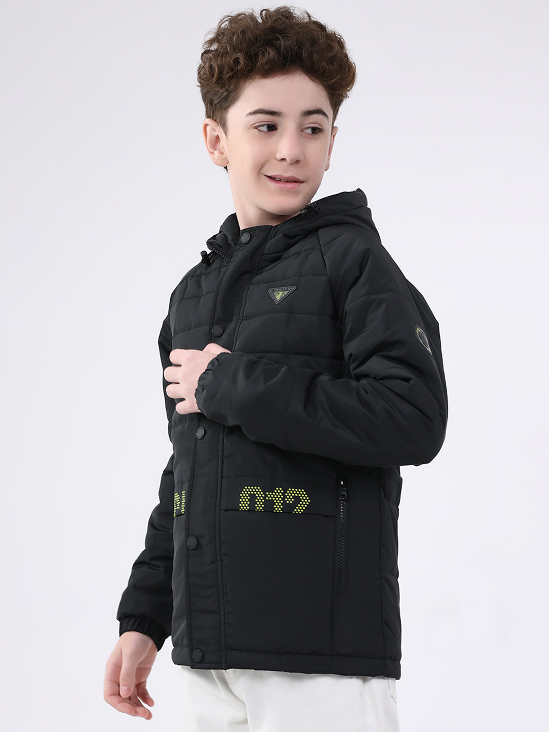 Boys Black Solid Hooded Full Sleeve Jacket