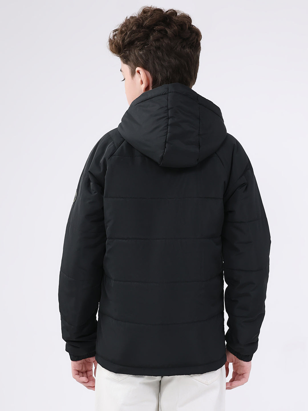 Boys Black Solid Hooded Full Sleeve Jacket