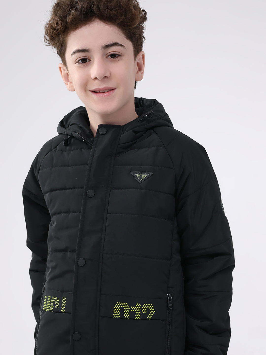 Boys Black Solid Hooded Full Sleeve Jacket