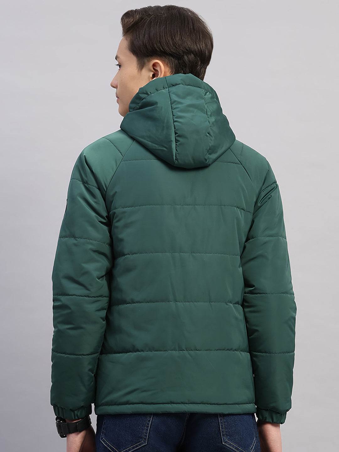 Boys Green Printed Hooded Full Sleeve Jacket