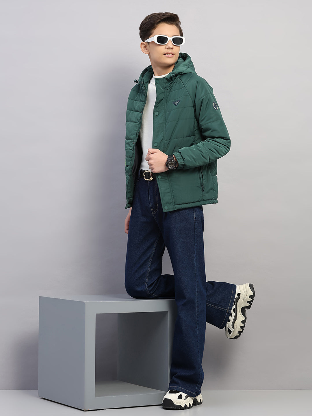 Boys Green Printed Hooded Full Sleeve Jacket
