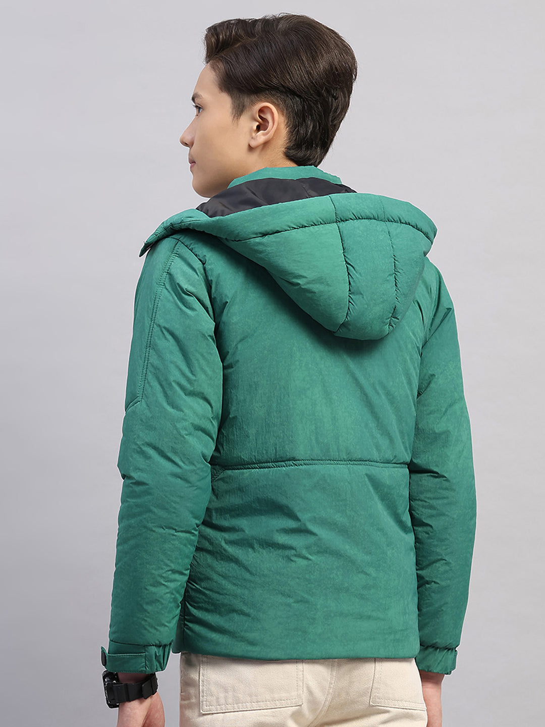 Boys Green Solid Hooded Full Sleeve Jacket