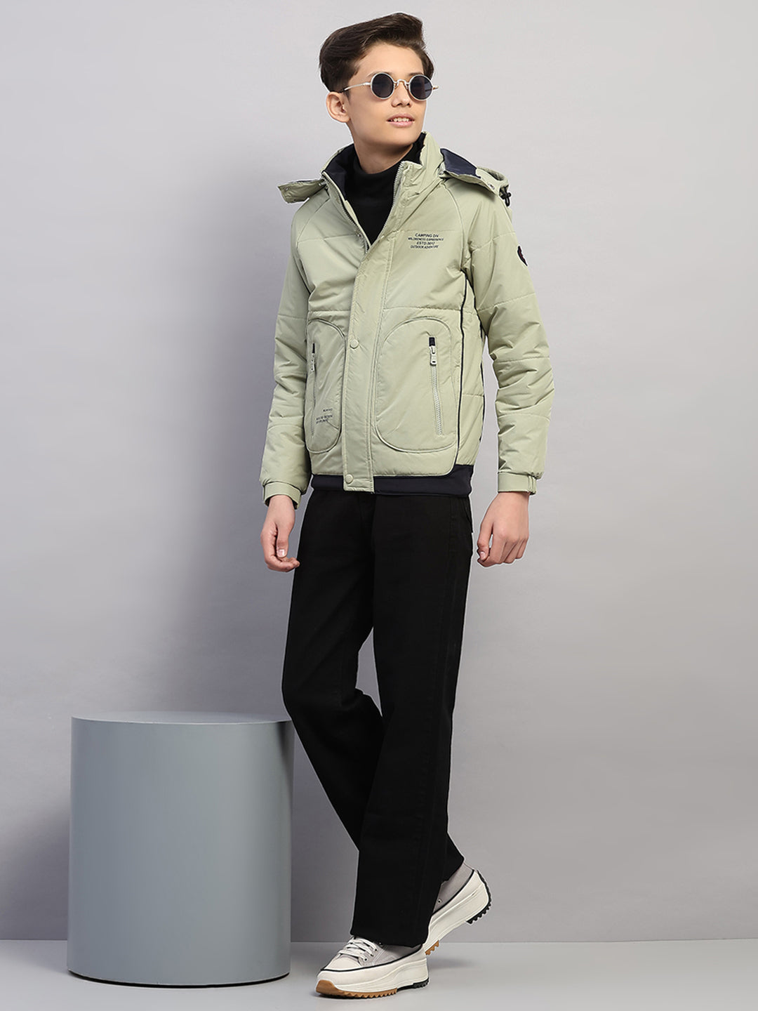 Boys Green Printed Hooded Full Sleeve Jacket