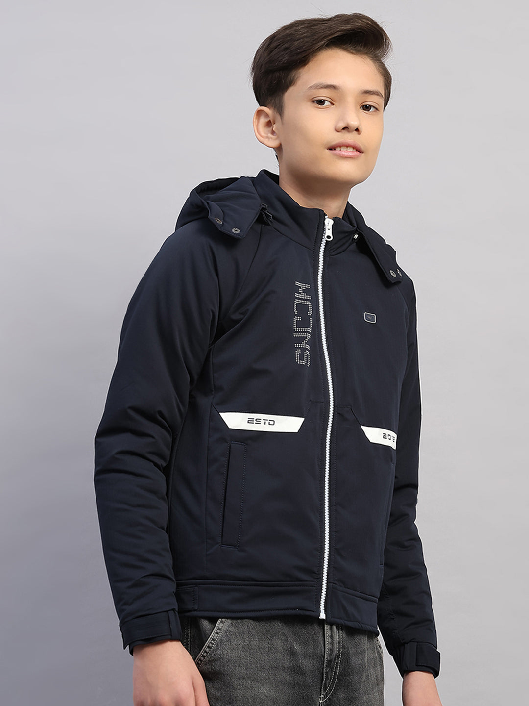 Boys Navy Blue Printed Hooded Full Sleeve Jacket