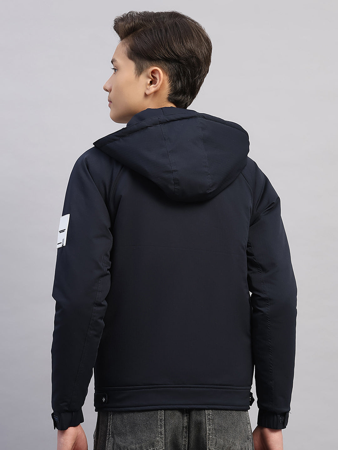 Boys Navy Blue Printed Hooded Full Sleeve Jacket