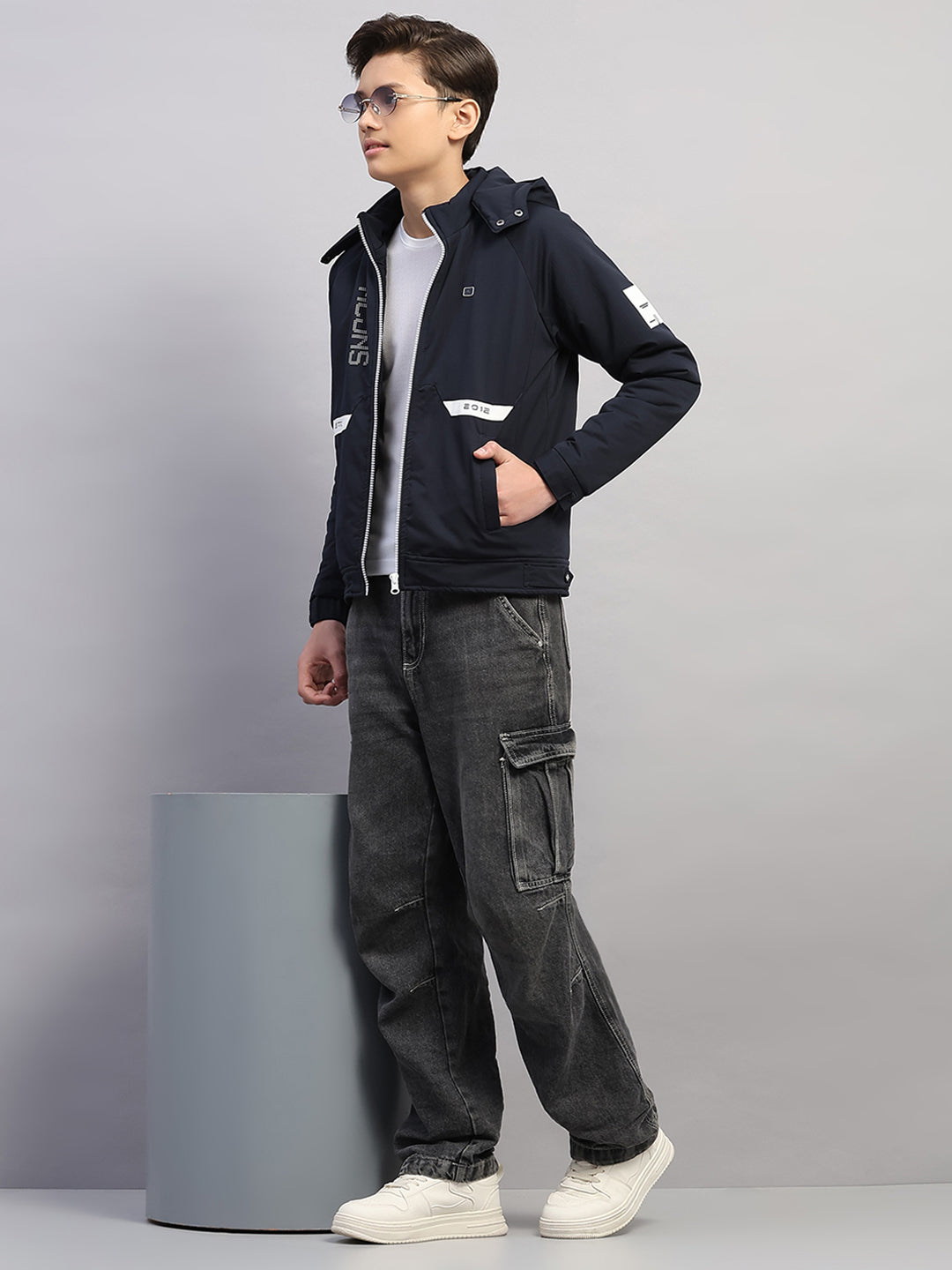 Boys Navy Blue Printed Hooded Full Sleeve Jacket