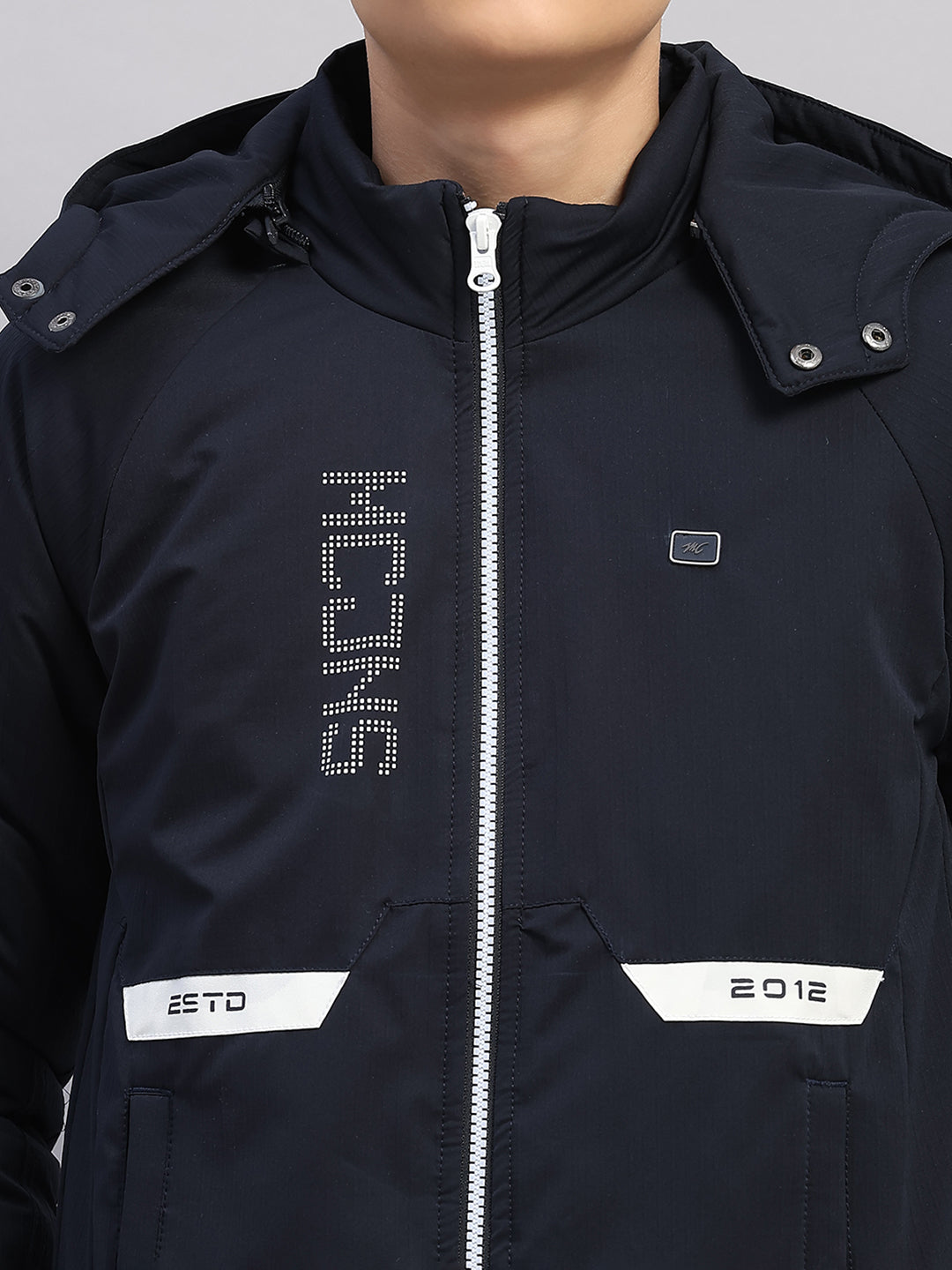 Boys Navy Blue Printed Hooded Full Sleeve Jacket
