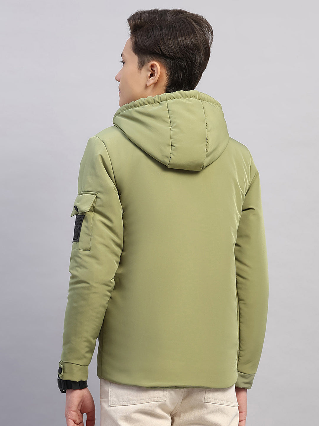 Boys Green Solid Hooded Full Sleeve Jacket