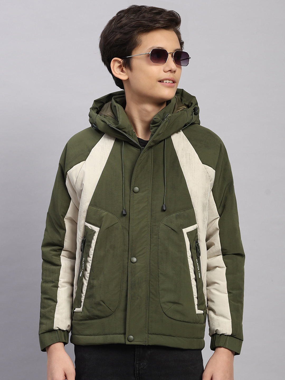 Boys Olive Printed Hooded Full Sleeve Jacket