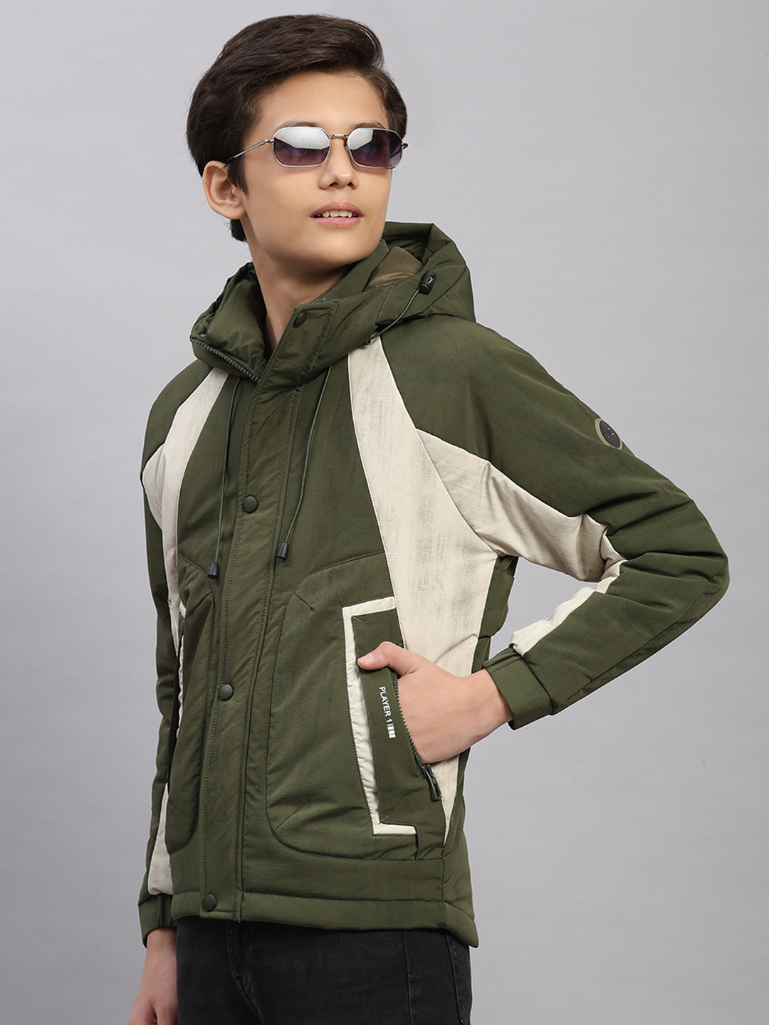 Boys Olive Printed Hooded Full Sleeve Jacket