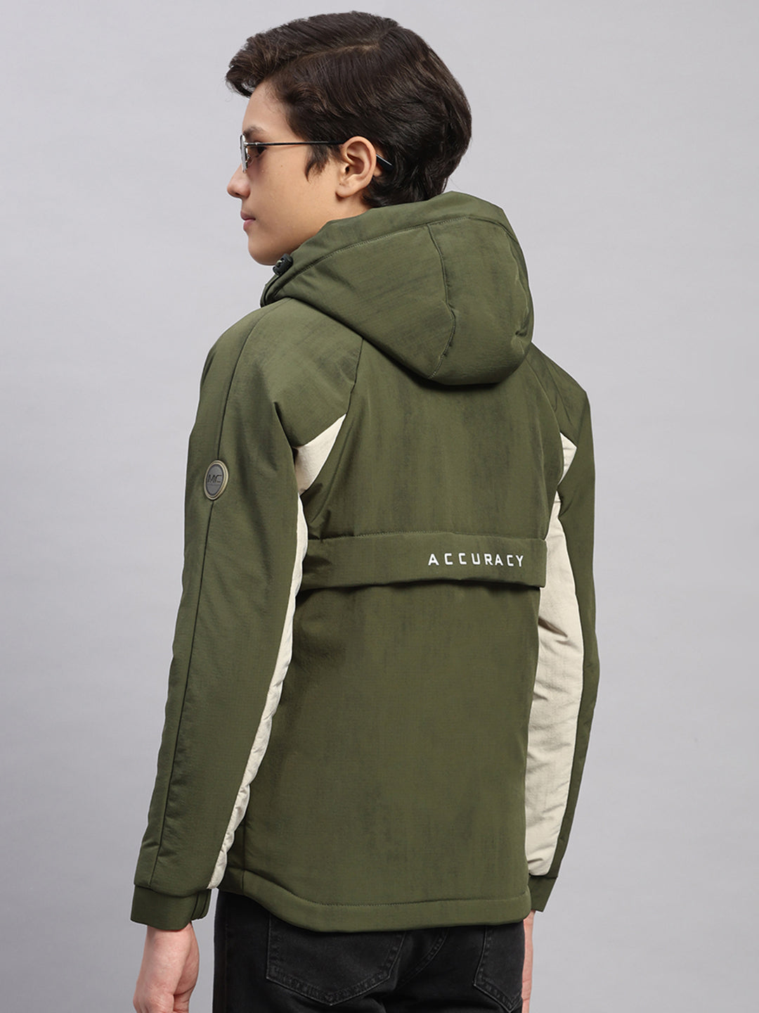 Boys Olive Printed Hooded Full Sleeve Jacket