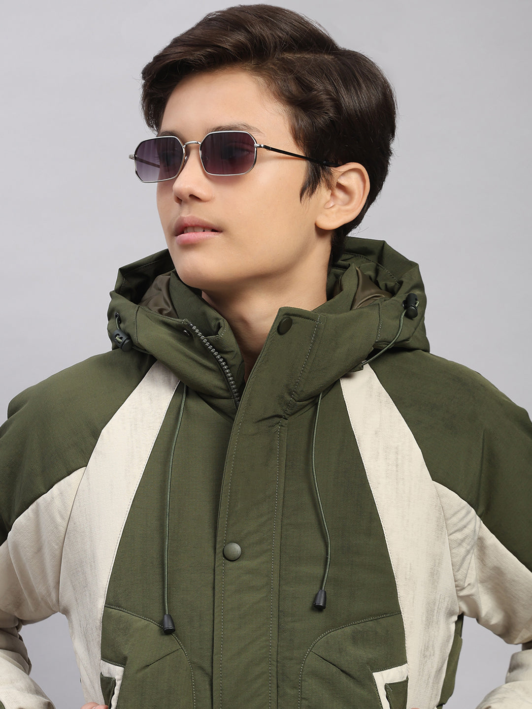 Boys Olive Printed Hooded Full Sleeve Jacket