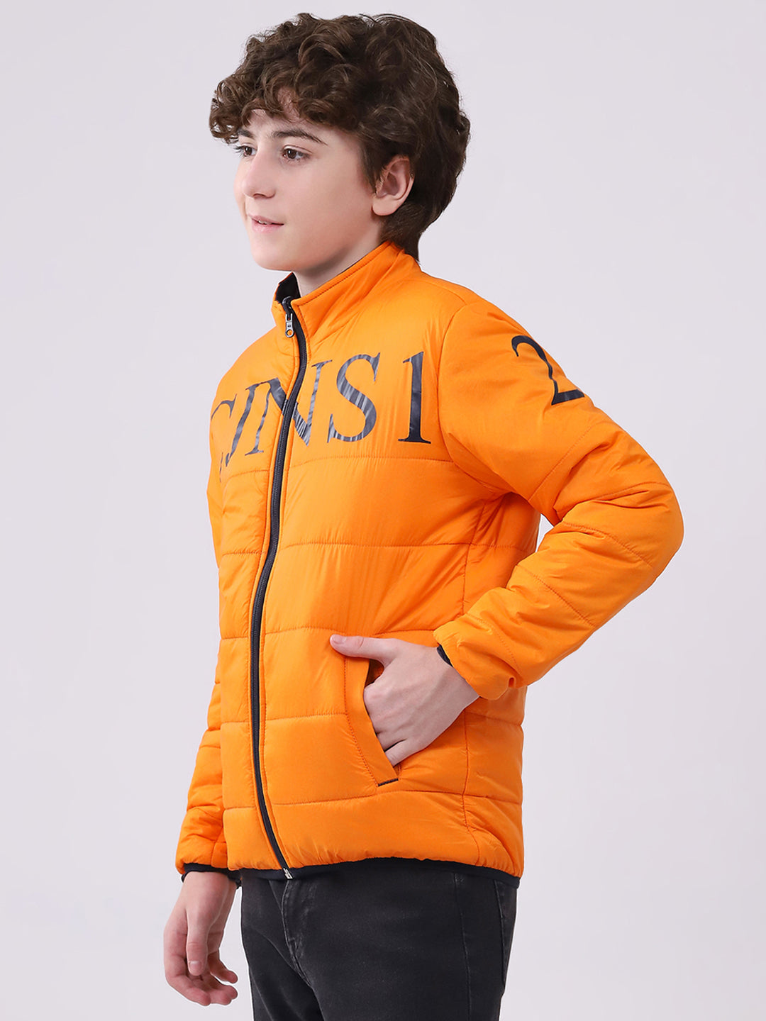 Boys Orange Printed Mock Neck Full Sleeve Boys Reversible Jacket