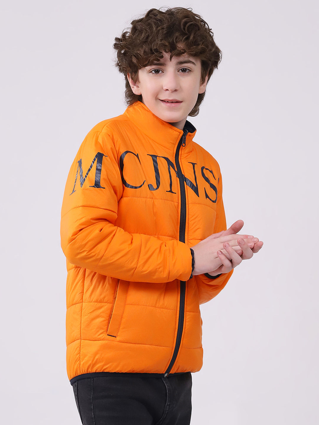 Boys Orange Printed Mock Neck Full Sleeve Boys Reversible Jacket