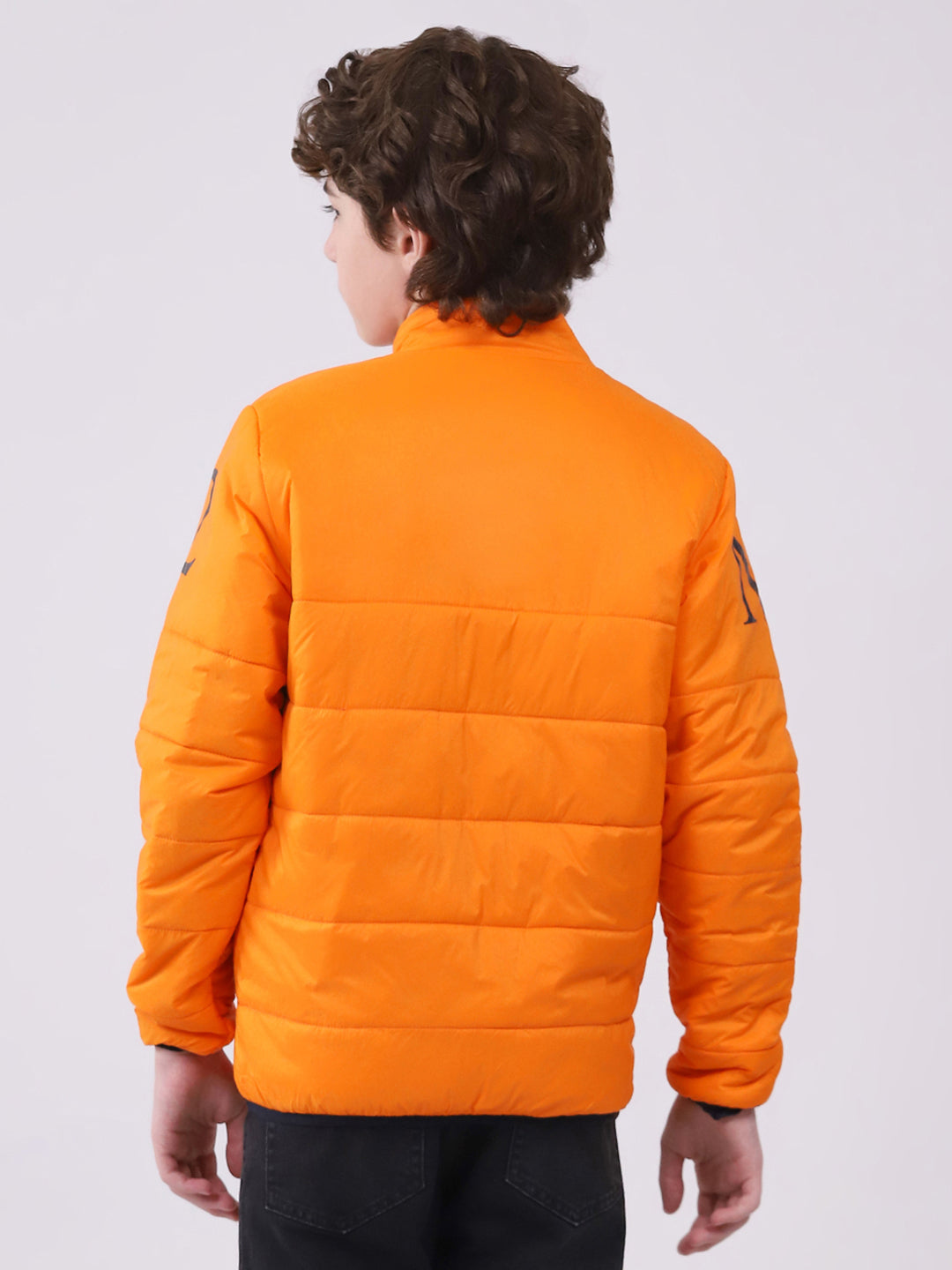 Boys Orange Printed Mock Neck Full Sleeve Boys Reversible Jacket