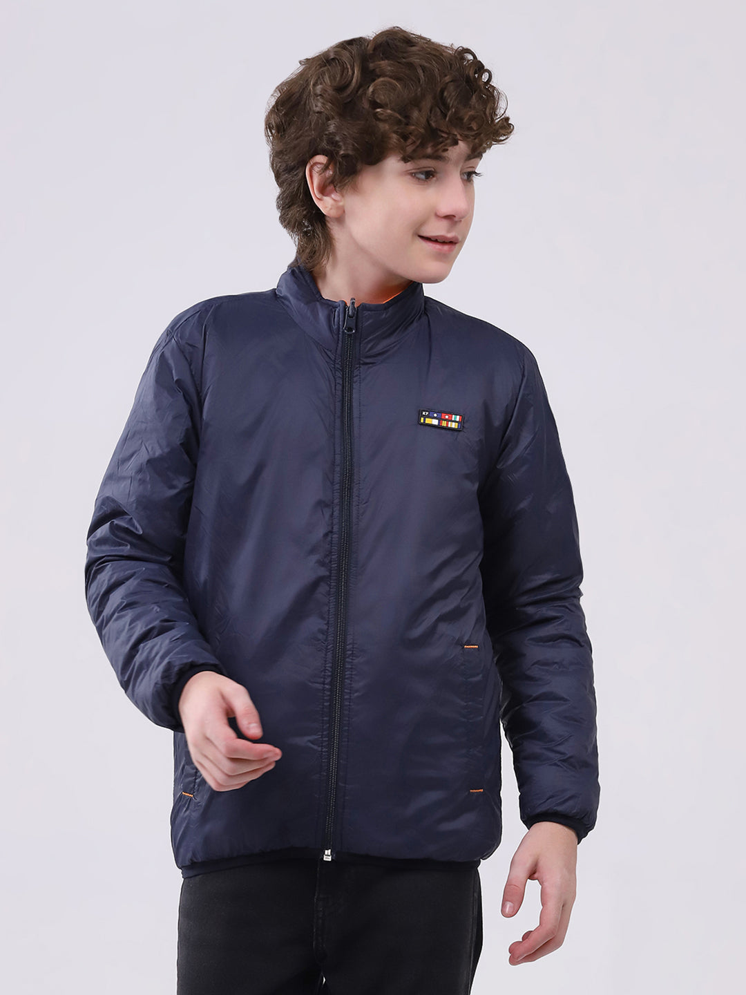 Boys Orange Printed Mock Neck Full Sleeve Boys Reversible Jacket