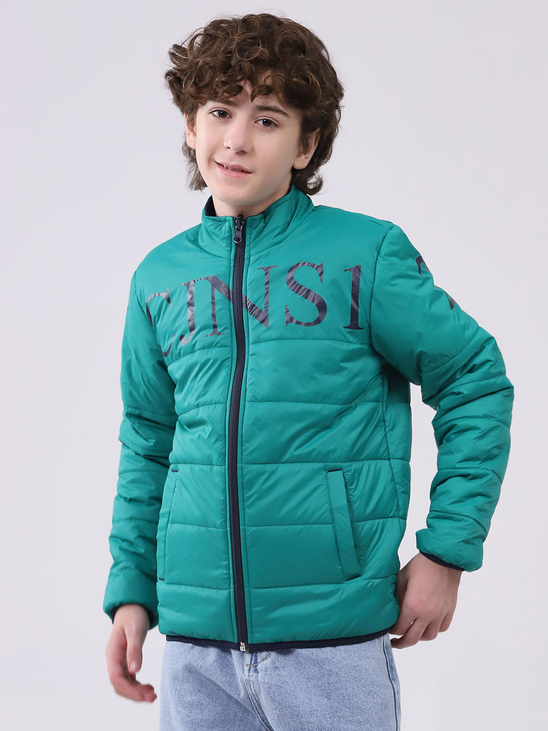 Boys Green Printed Mock Neck Full Sleeve Boys Reversible Jacket