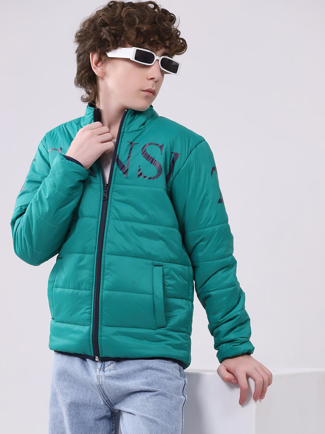 Boys Green Printed Mock Neck Full Sleeve Boys Reversible Jacket