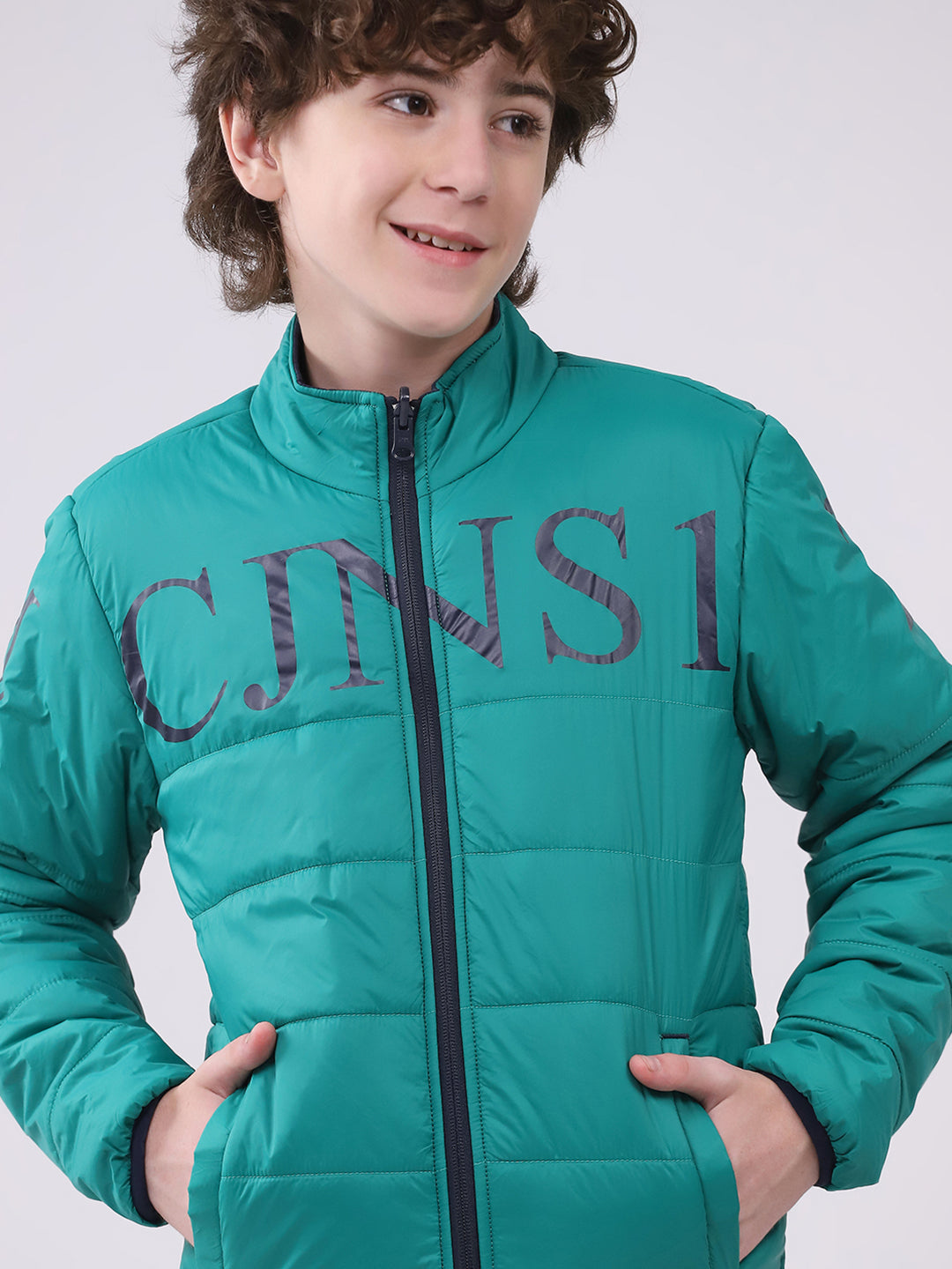 Boys Green Printed Mock Neck Full Sleeve Boys Reversible Jacket
