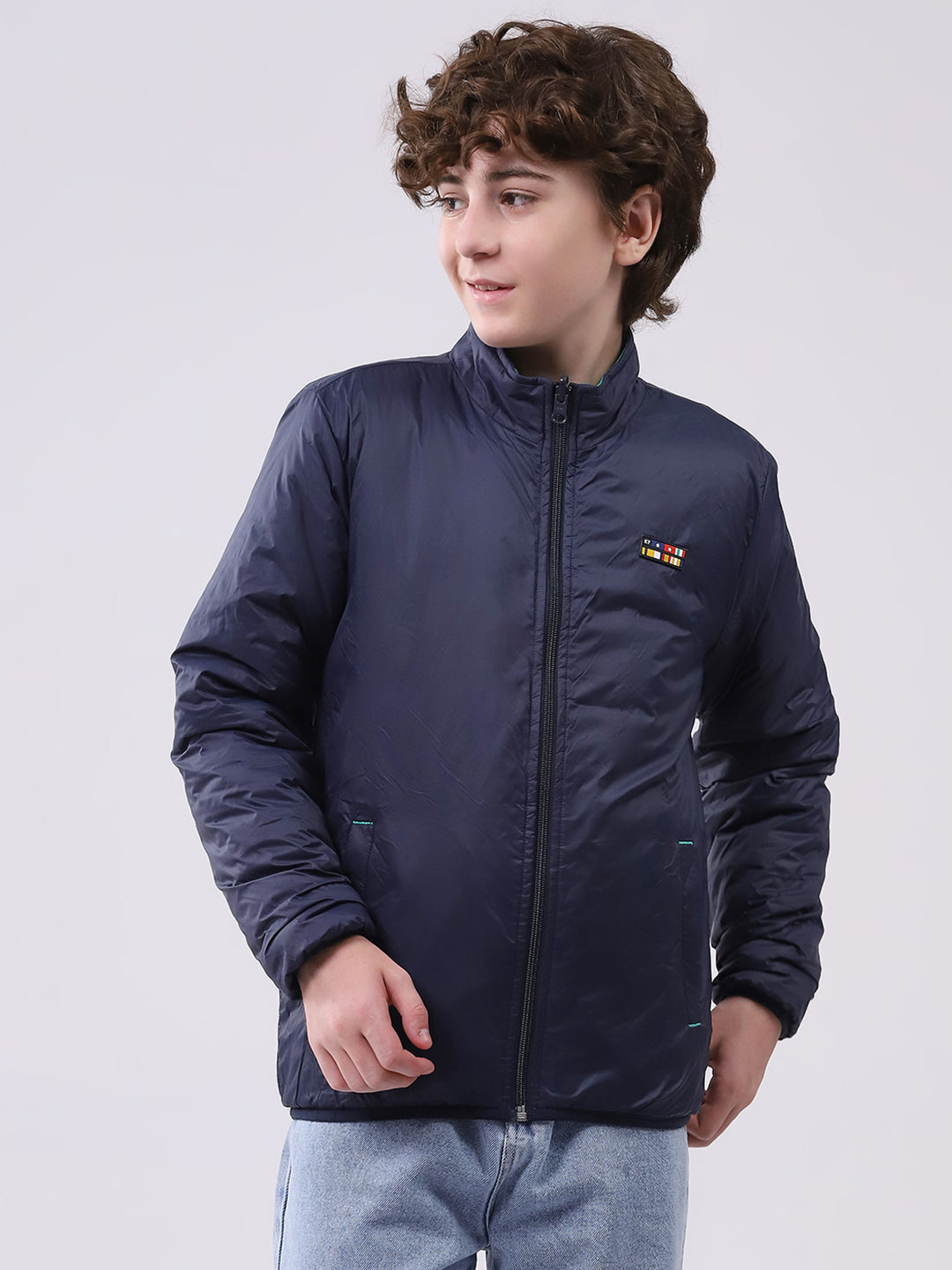 Boys Green Printed Mock Neck Full Sleeve Boys Reversible Jacket