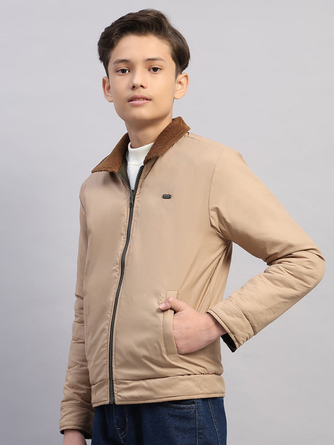 Boys Olive Solid Collar Full Sleeve Reversible Shacket