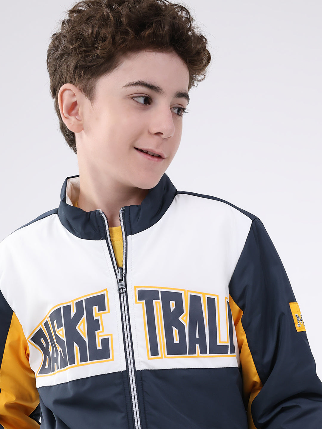 Boys Navy Blue Printed Mock Neck Full Sleeve Jacket