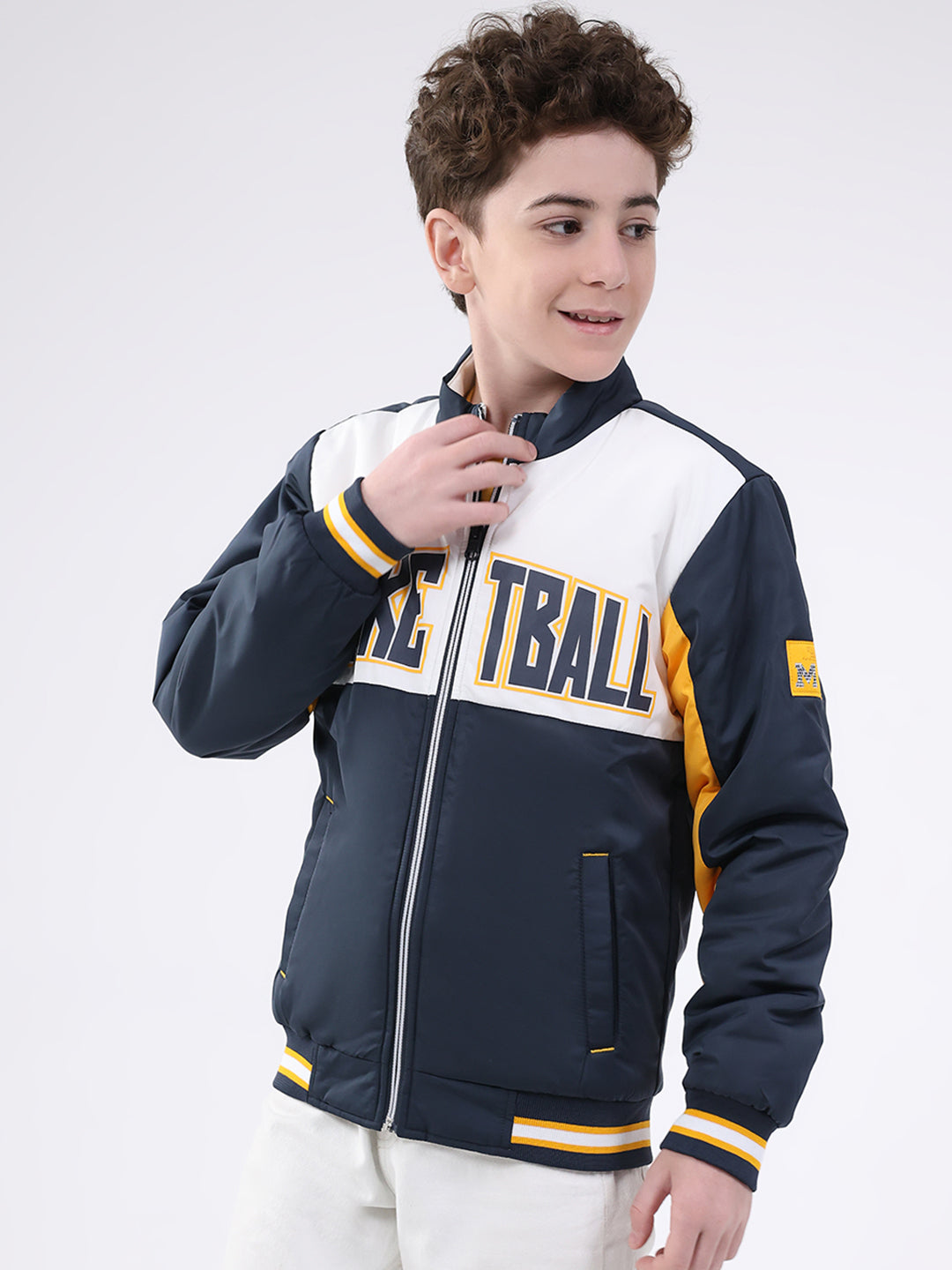 Boys Navy Blue Printed Mock Neck Full Sleeve Jacket