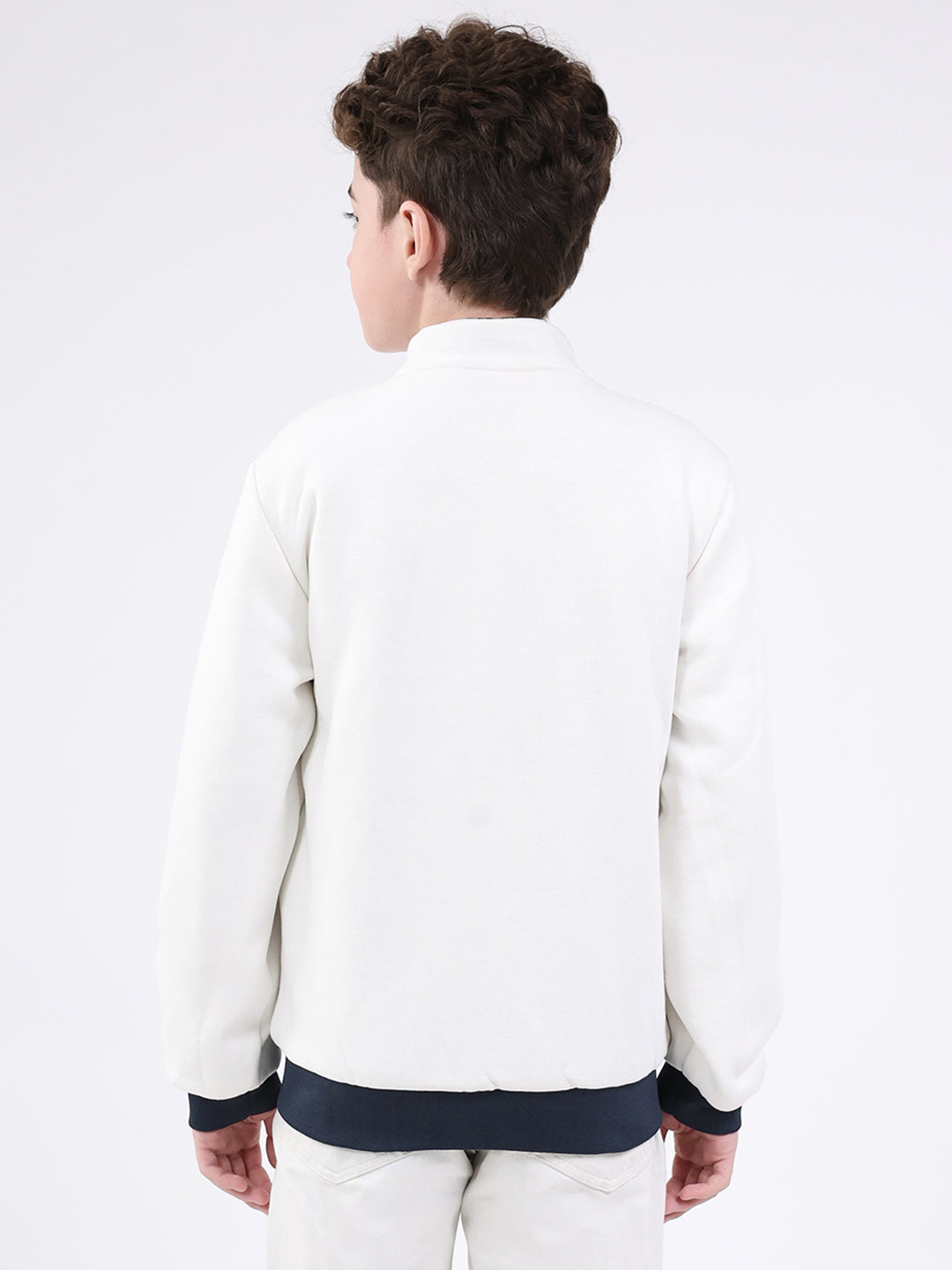 Boys Navy Blue Printed Mock Neck Full Sleeve Jacket