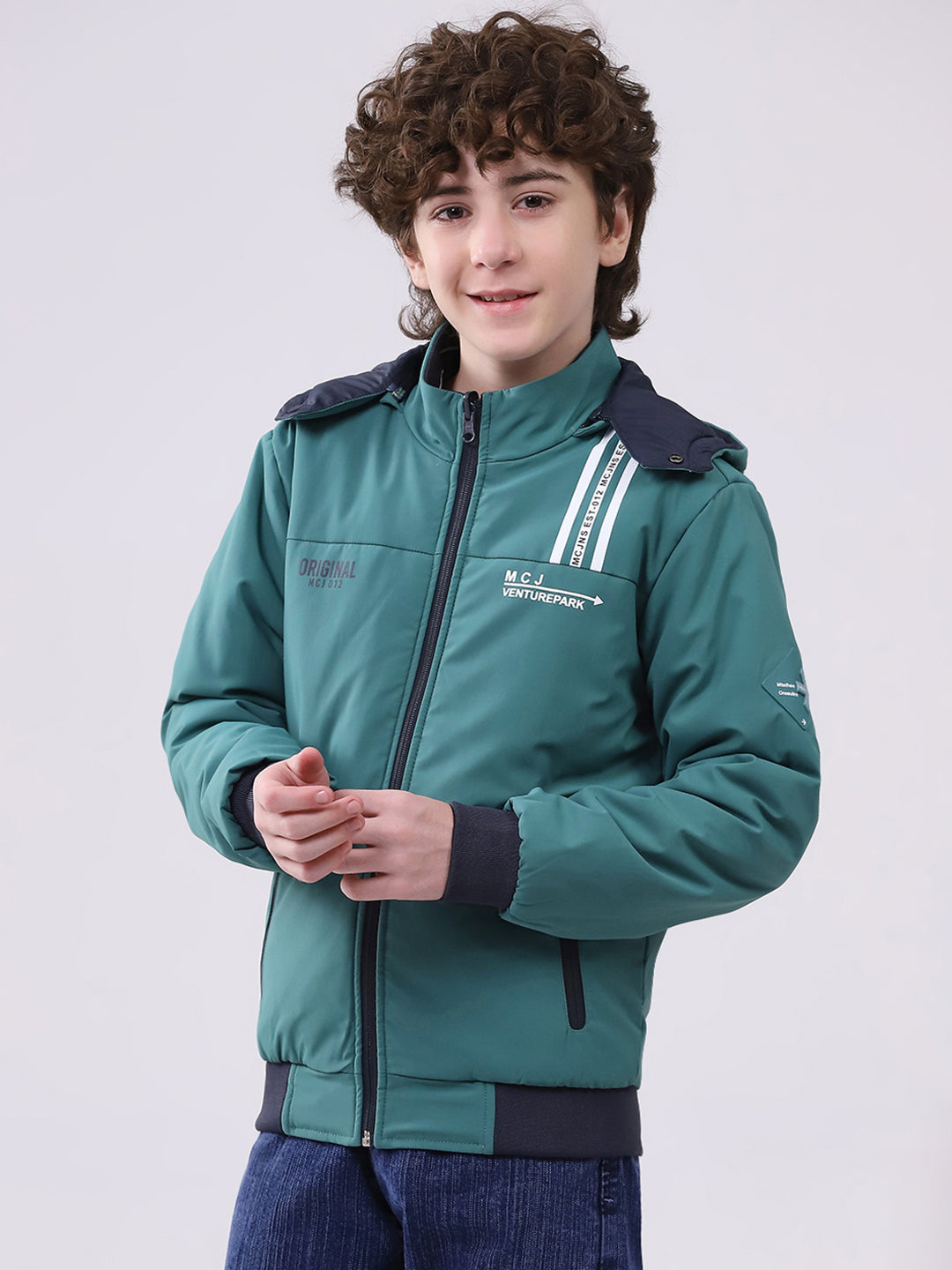 Boys Green Printed Hooded Full Sleeve Boys Reversible Jacket