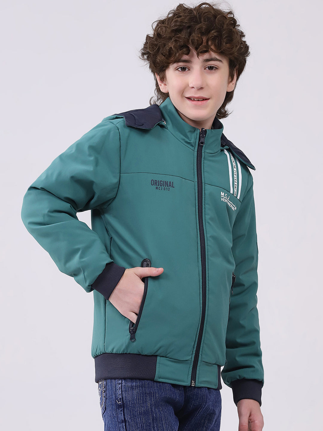 Boys Green Printed Hooded Full Sleeve Boys Reversible Jacket