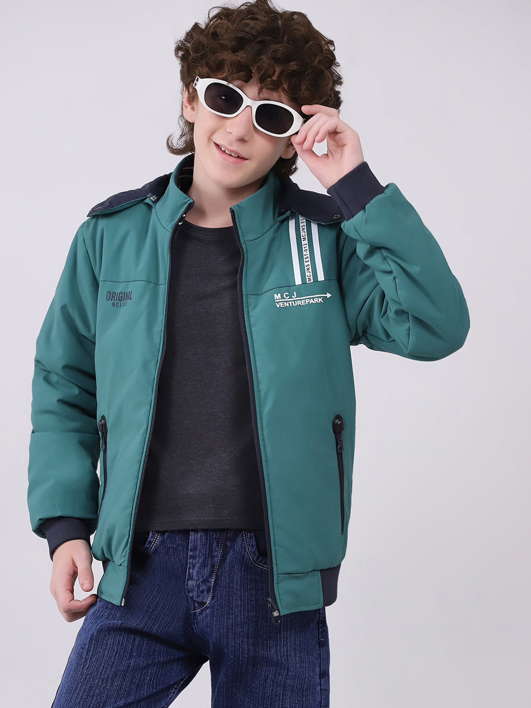 Boys Green Printed Hooded Full Sleeve Boys Reversible Jacket
