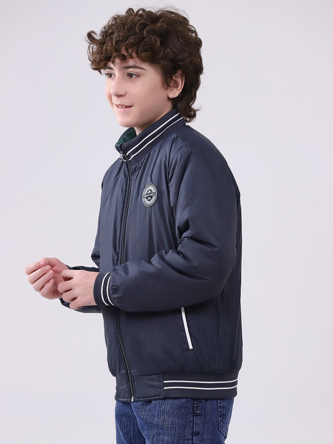 Boys Green Printed Hooded Full Sleeve Boys Reversible Jacket