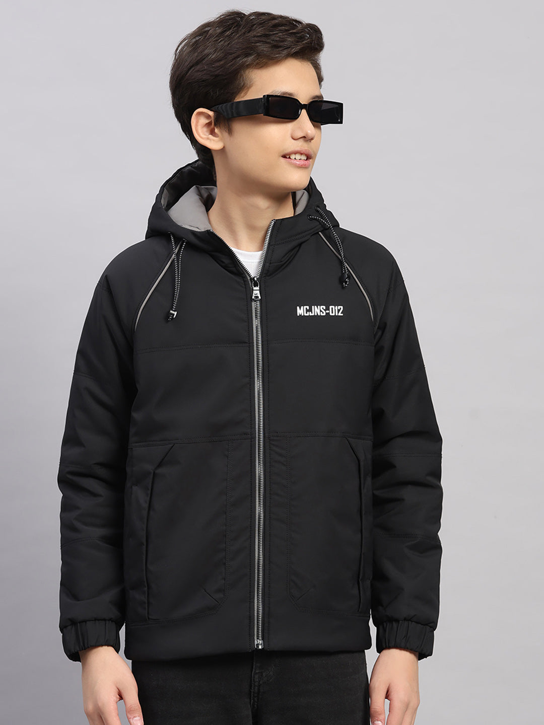 Boys Black Printed Hooded Full Sleeve Jacket