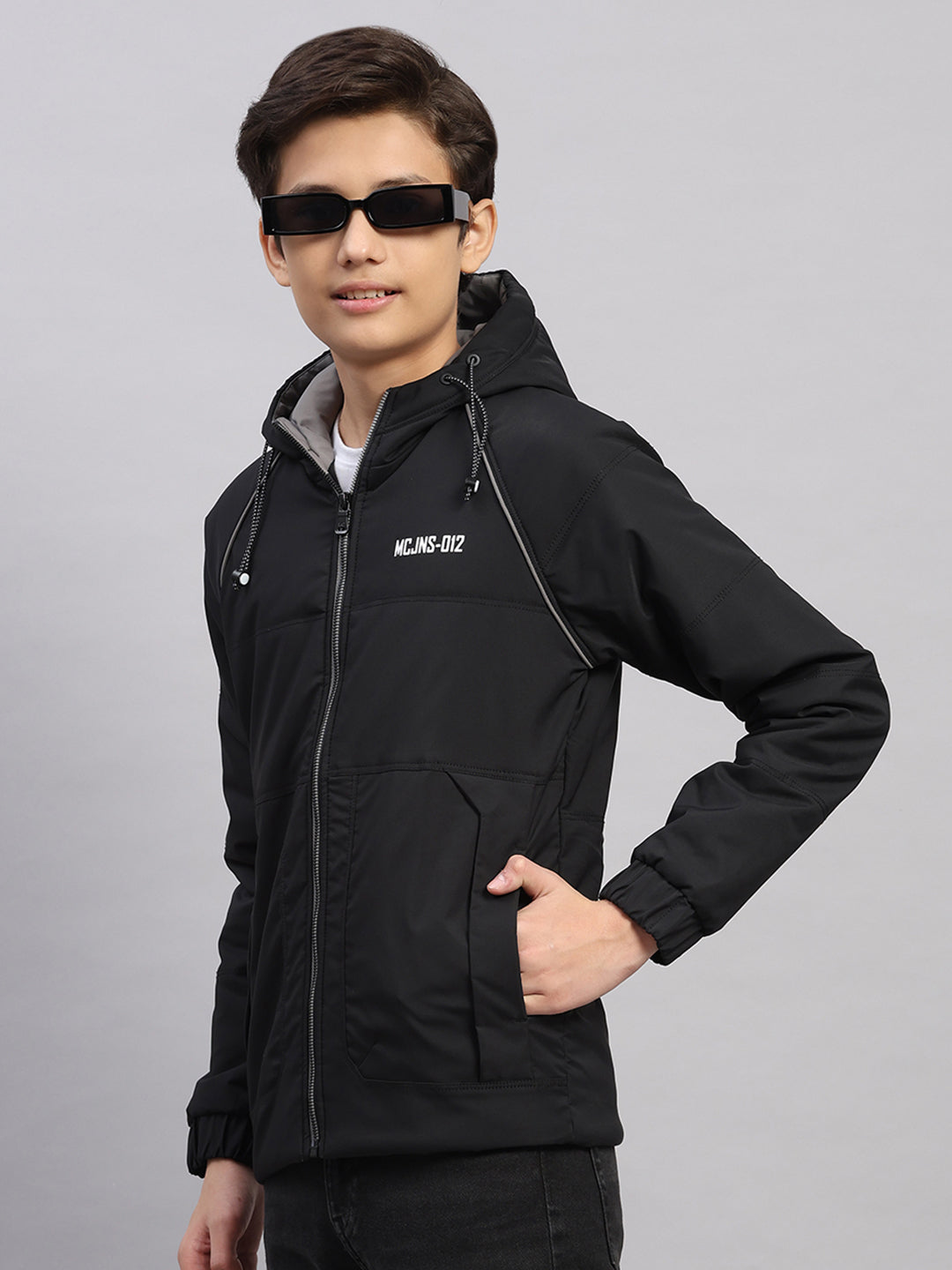 Boys Black Printed Hooded Full Sleeve Jacket