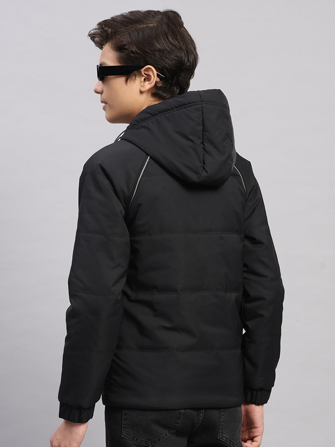 Boys Black Printed Hooded Full Sleeve Jacket