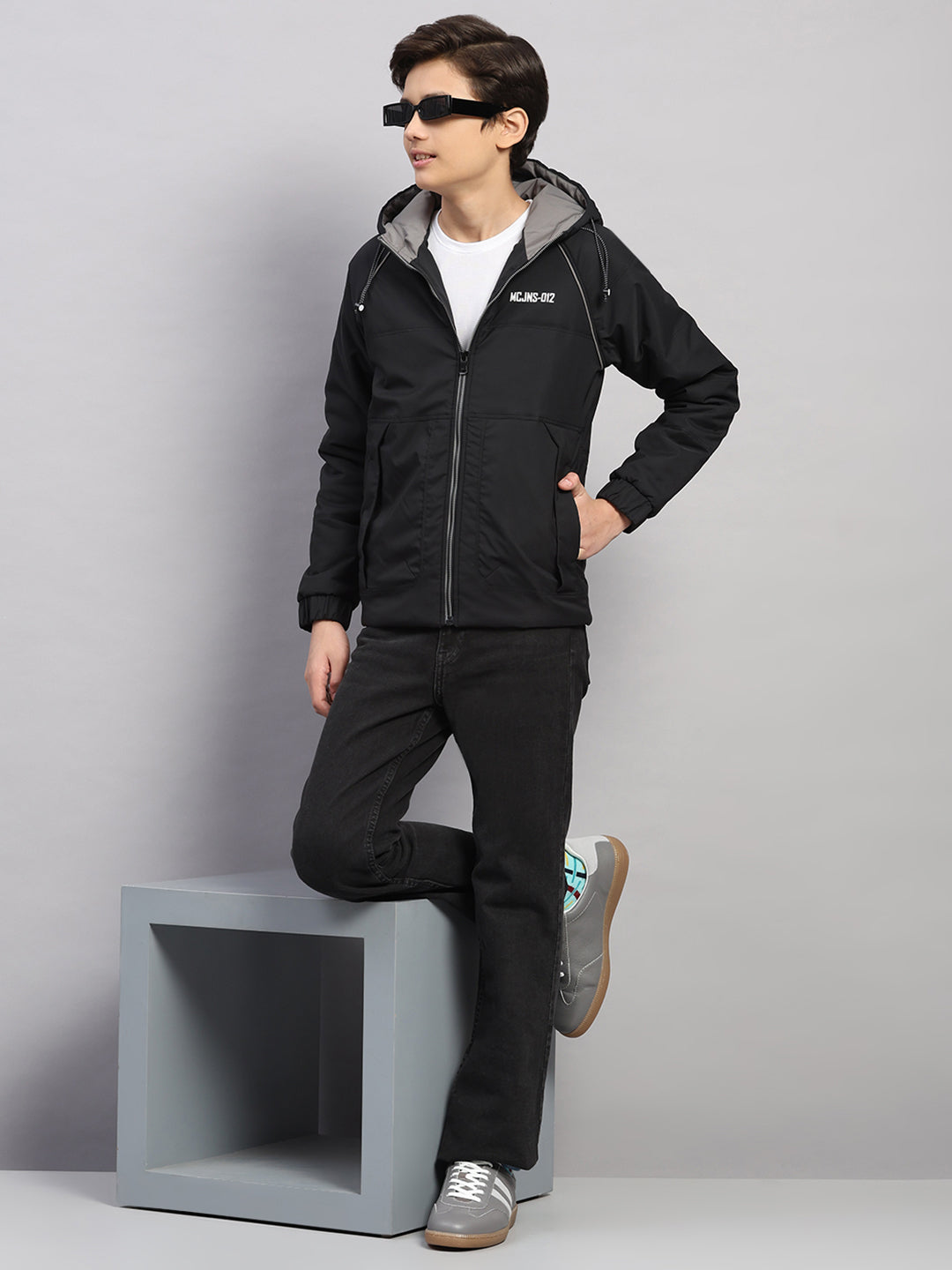 Boys Black Printed Hooded Full Sleeve Jacket