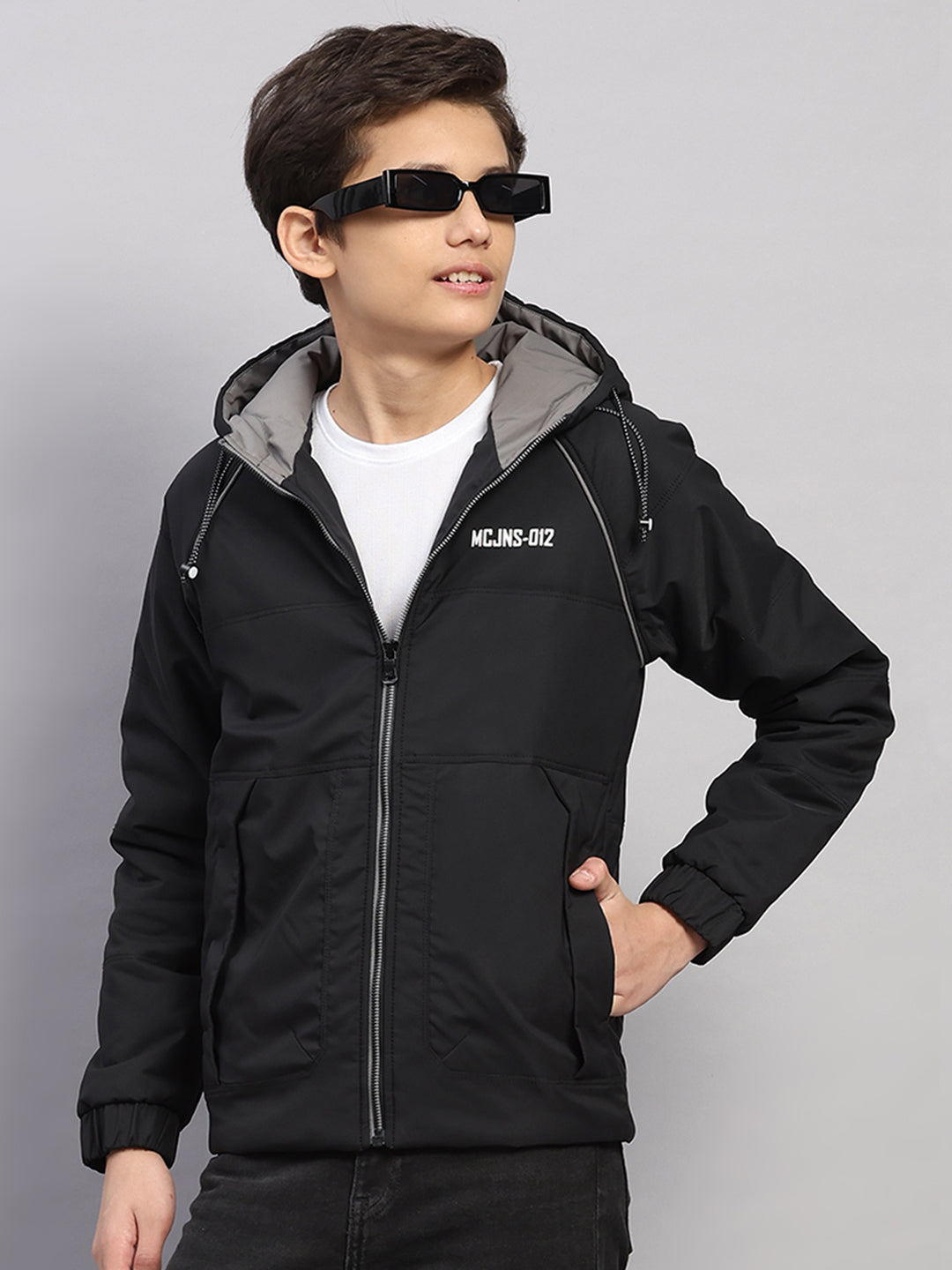 Boys Black Printed Hooded Full Sleeve Jacket