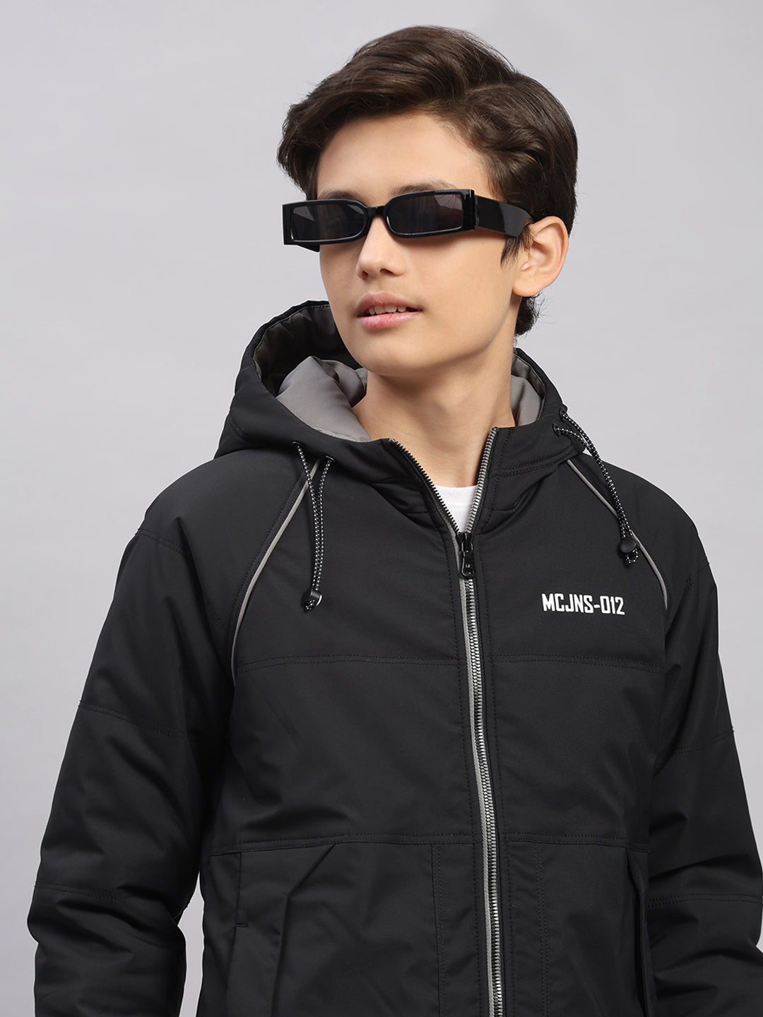 Boys Black Printed Hooded Full Sleeve Jacket