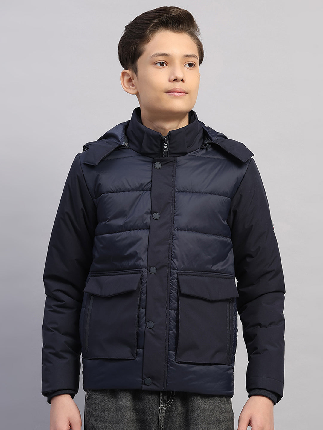 Boys Navy Blue Solid Hooded Full Sleeve Jacket