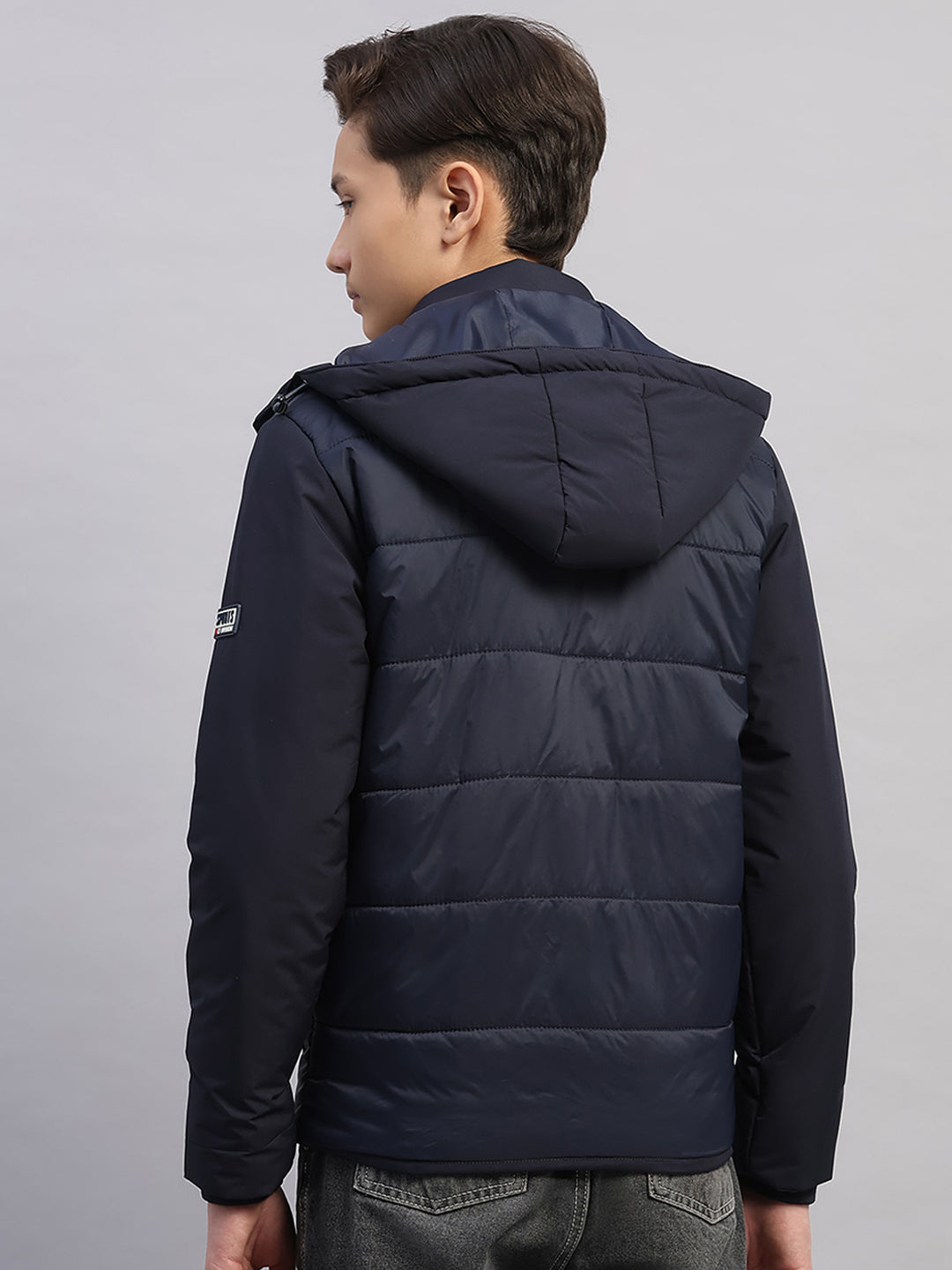 Boys Navy Blue Solid Hooded Full Sleeve Jacket