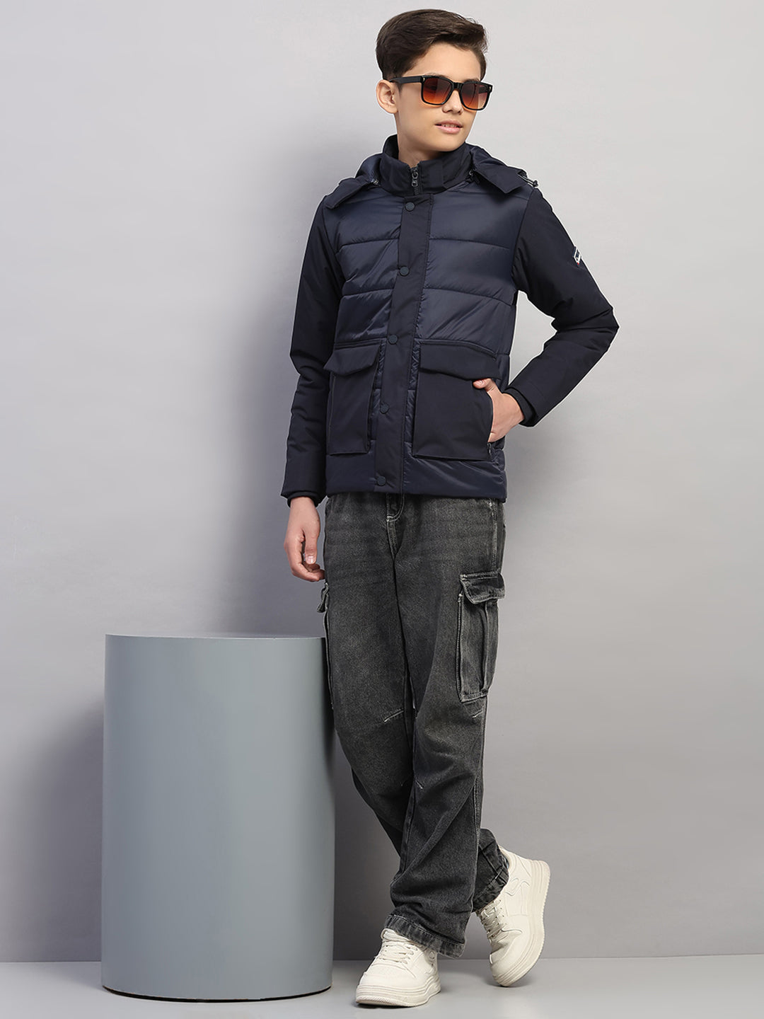 Boys Navy Blue Solid Hooded Full Sleeve Jacket