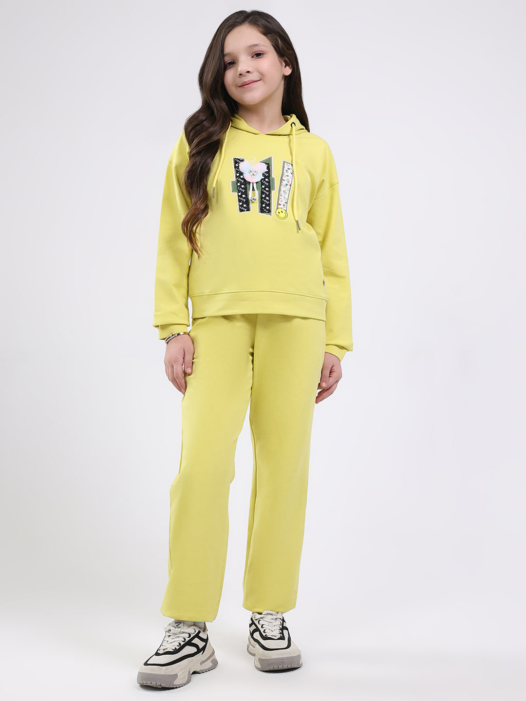Girls Yellow Printed Hooded Full Sleeve Cords Set