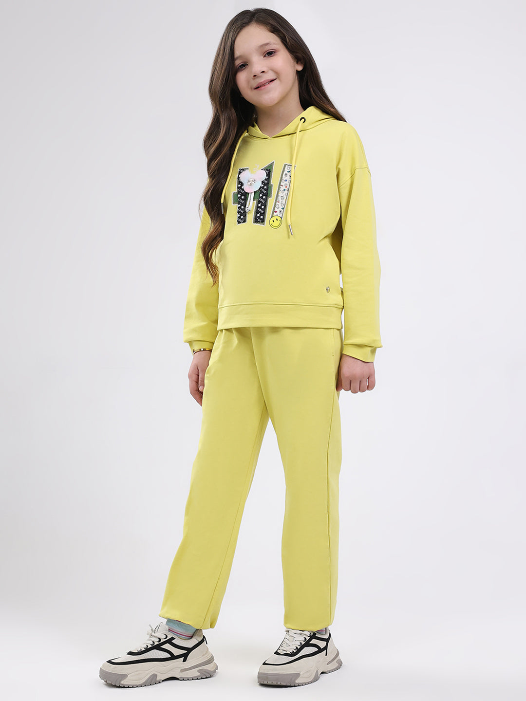 Girls Yellow Printed Hooded Full Sleeve Cords Set