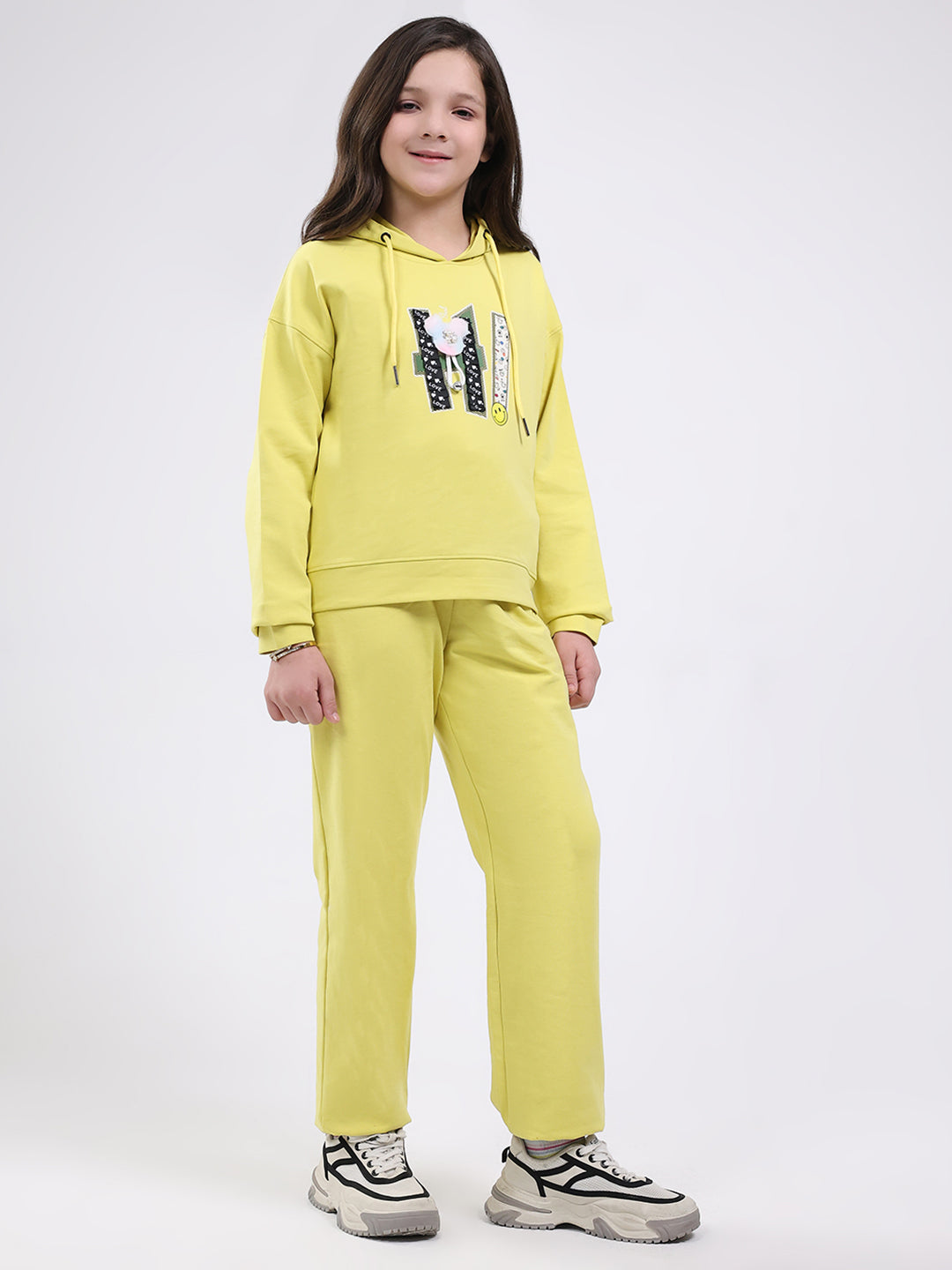 Girls Yellow Printed Hooded Full Sleeve Cords Set