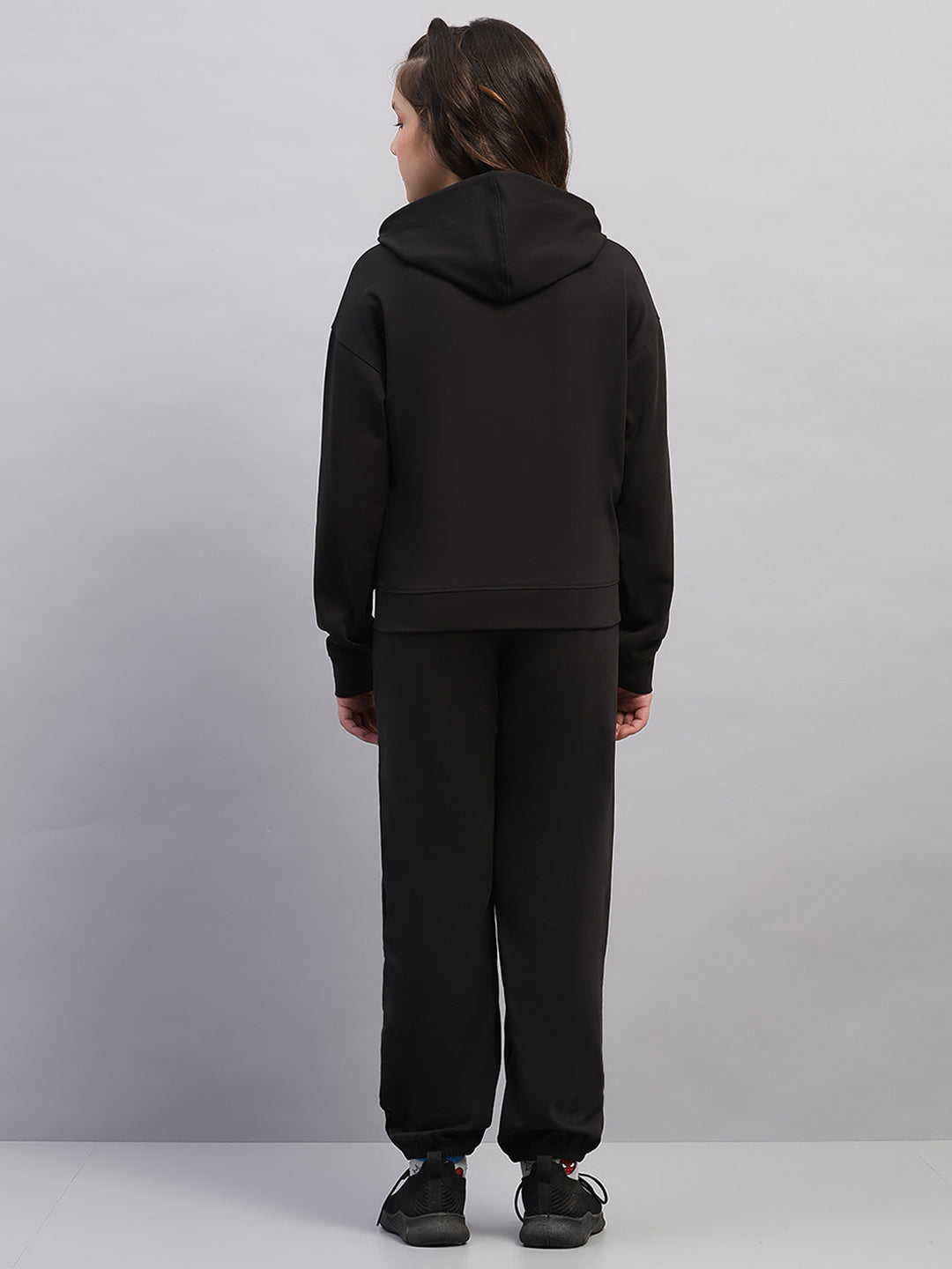 Girls Black Printed Hooded Full Sleeve Cords Set