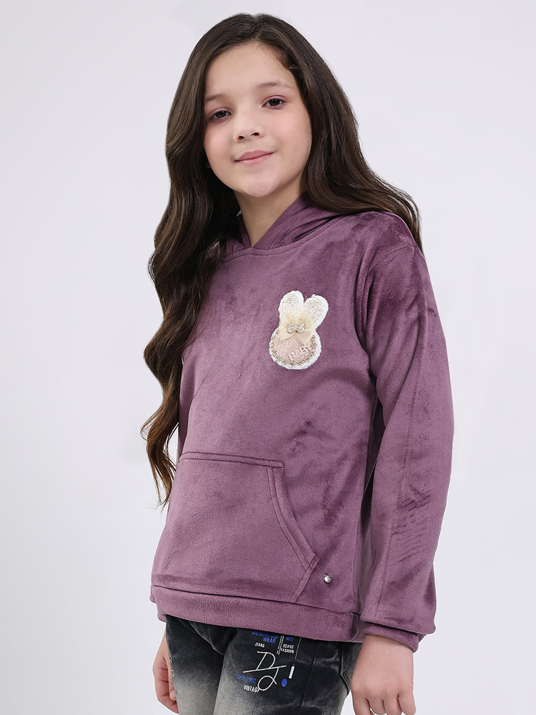 Girls Purple Solid Hooded Full Sleeve Sweatshirt