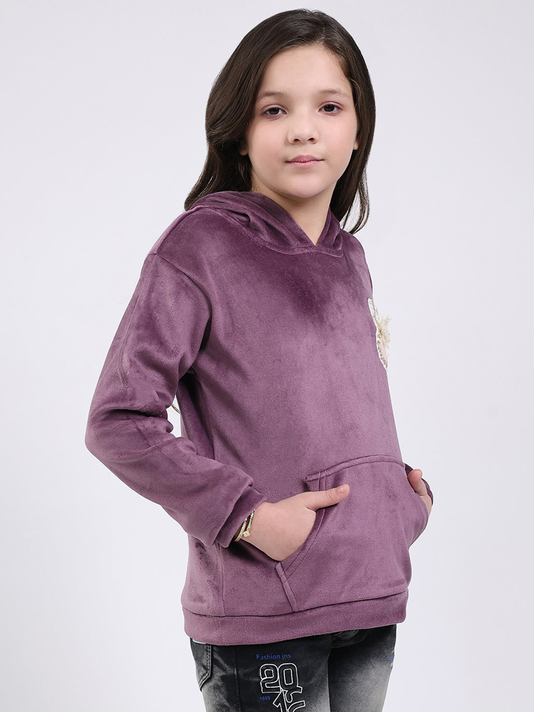 Girls Purple Solid Hooded Full Sleeve Sweatshirt