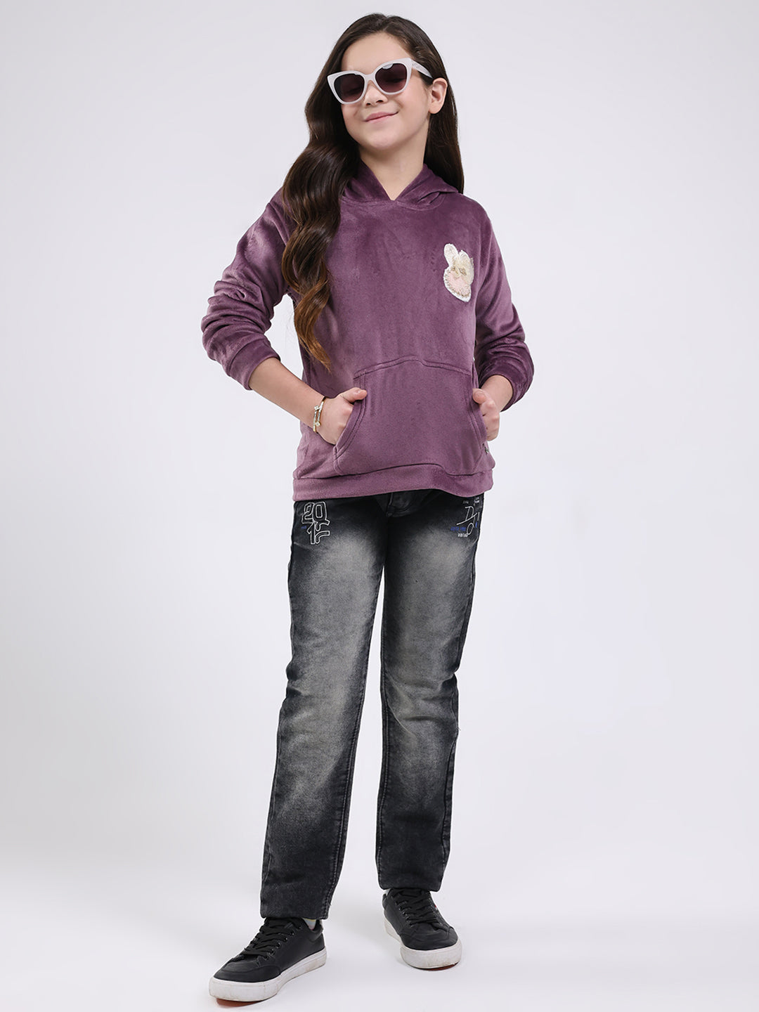 Girls Purple Solid Hooded Full Sleeve Sweatshirt