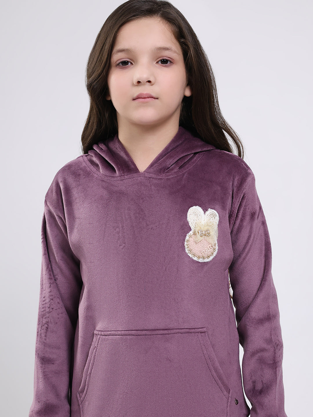 Girls Purple Solid Hooded Full Sleeve Sweatshirt