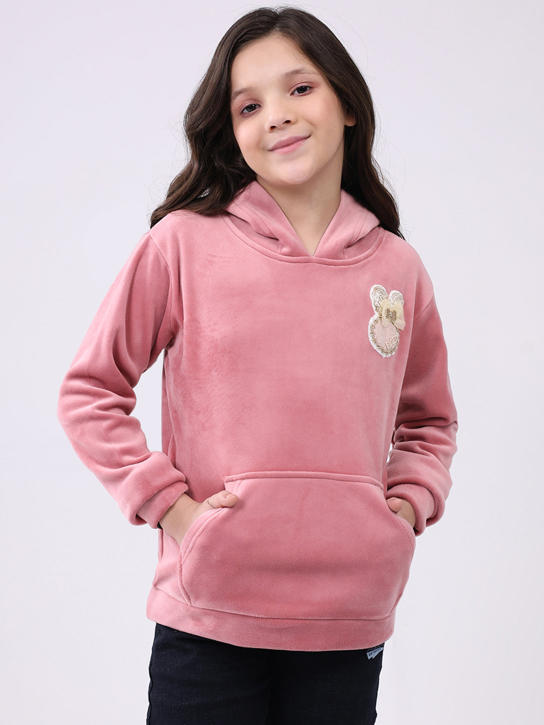 Girls Peach Solid Hooded Full Sleeve Sweatshirt